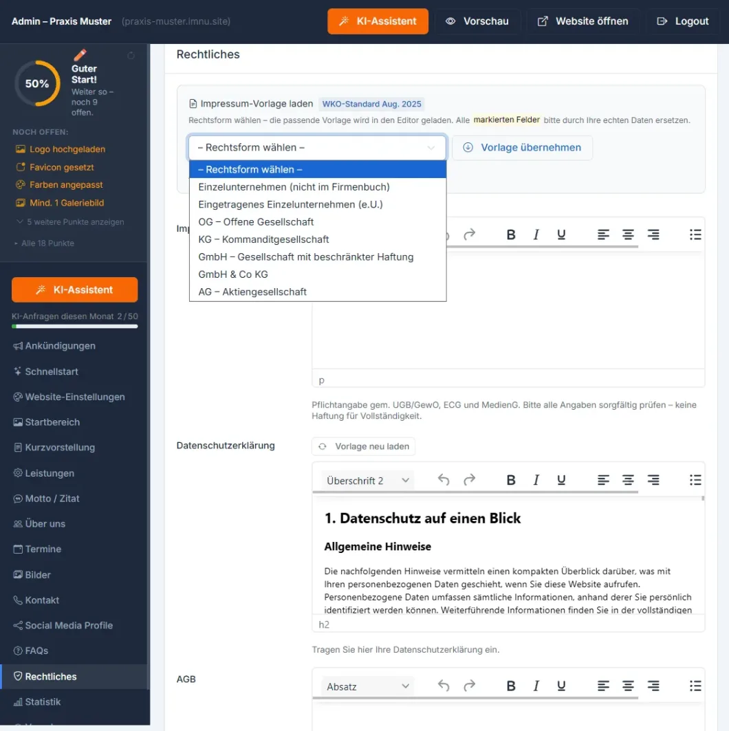 Rechtsformen-Auswahl im Online-Formular für Impressums-Erstellung auf imnu-Website.