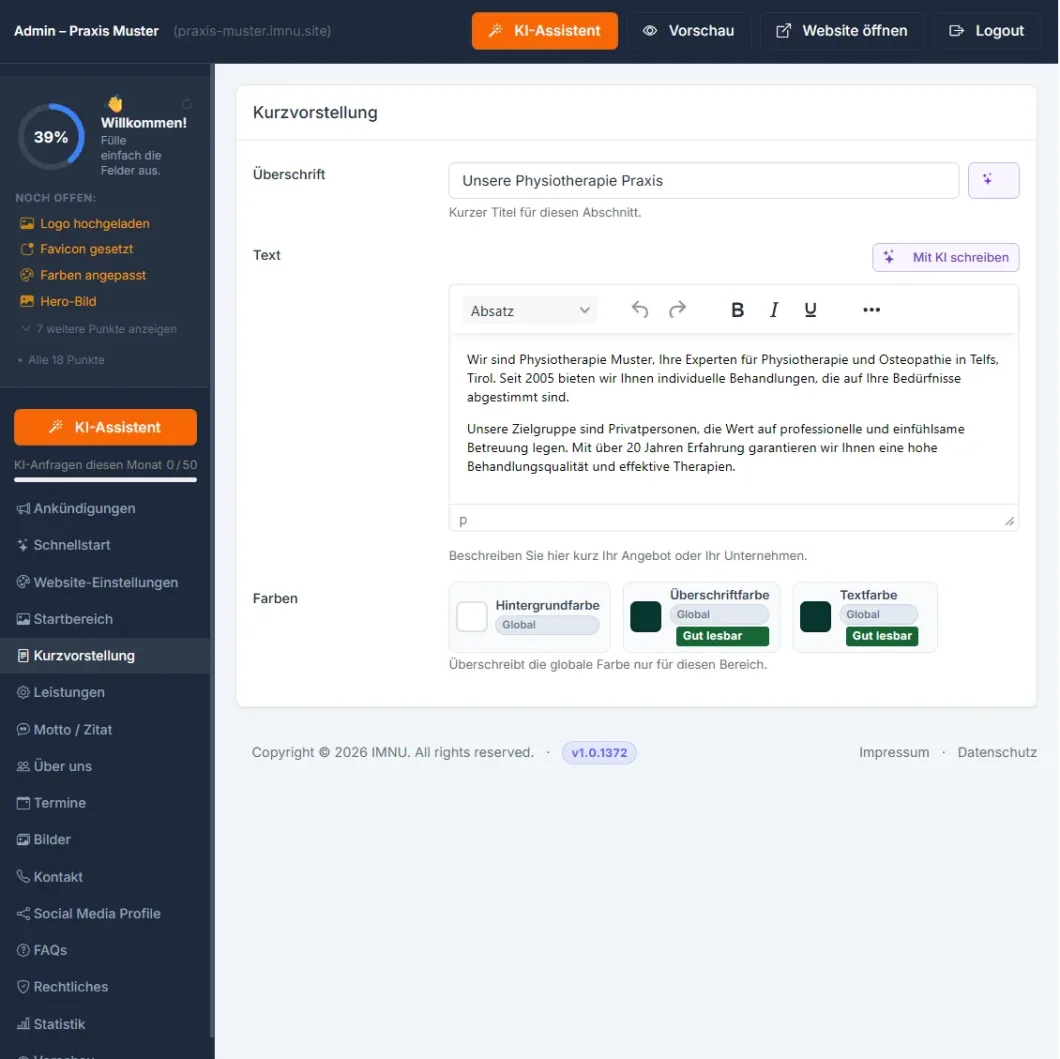 Screenshot der Admin-Oberfläche von imnu zur Bearbeitung eines Praxis-Profils.