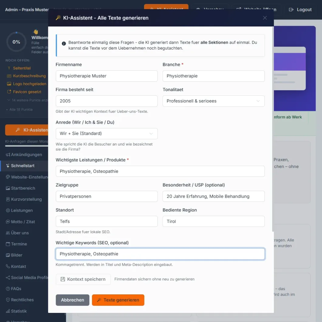 Screenshot eines Formulars zur Texterstellung für eine Physiotherapie-Website.
