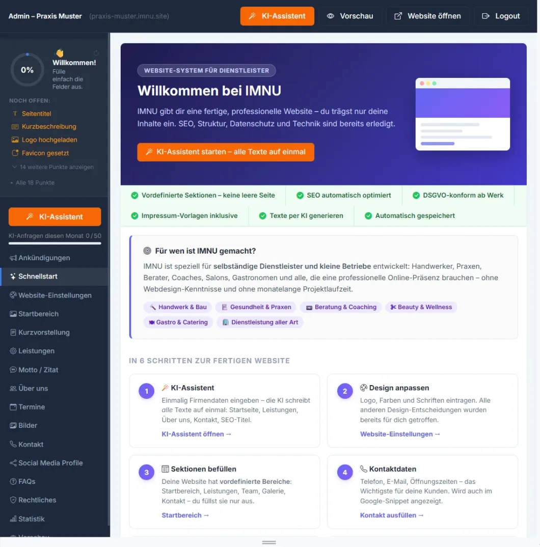 Willkommensschnittstelle von IMNU mit Website-Assistent und SEO-Optionen für Dienstleister.
