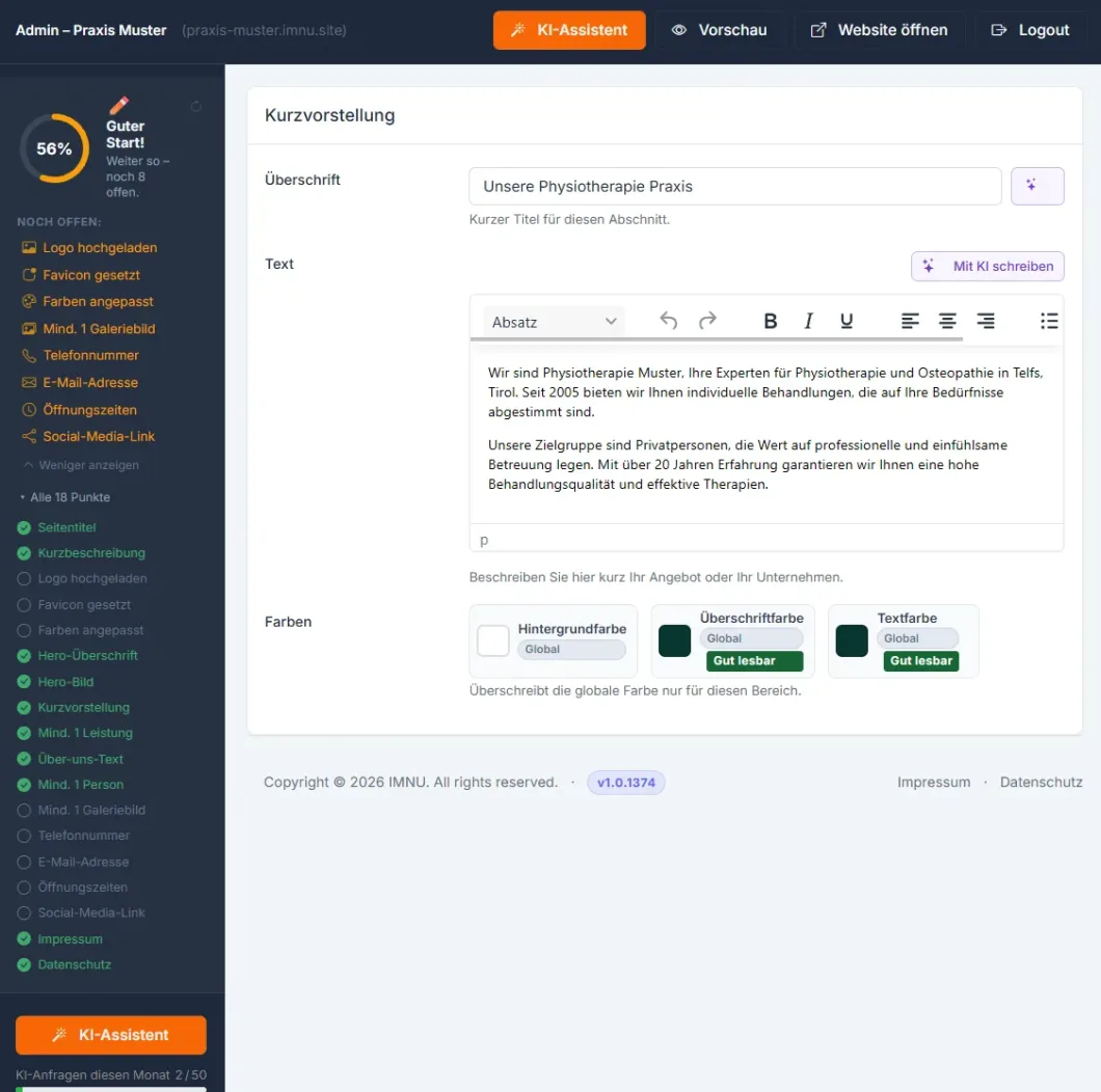 Webseite-Bearbeitungsansicht für Physiotherapie-Praxis mit Texteditor und Farbauswahl.
