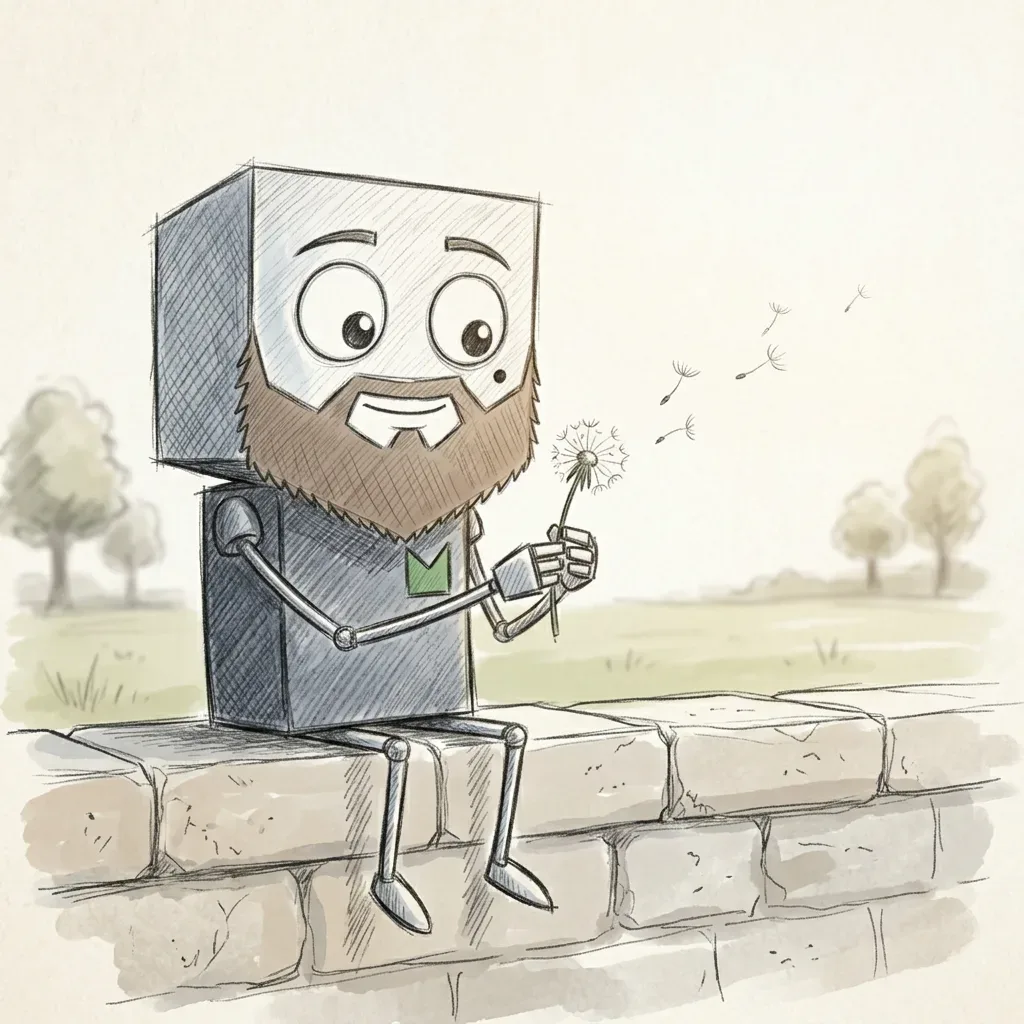 Cartoon-Roboter mit Bart sitzt auf Mauer, hält Pusteblume, friedliche Natur im Hintergrund.