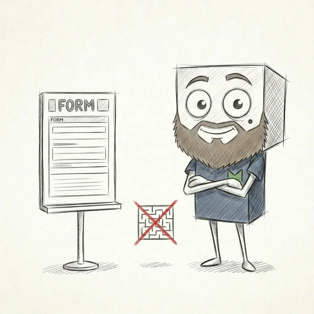 Illustration: Cartoonfigur, Formular, rotes X durch Labyrinth, symbolisiert einfache Prozesse.