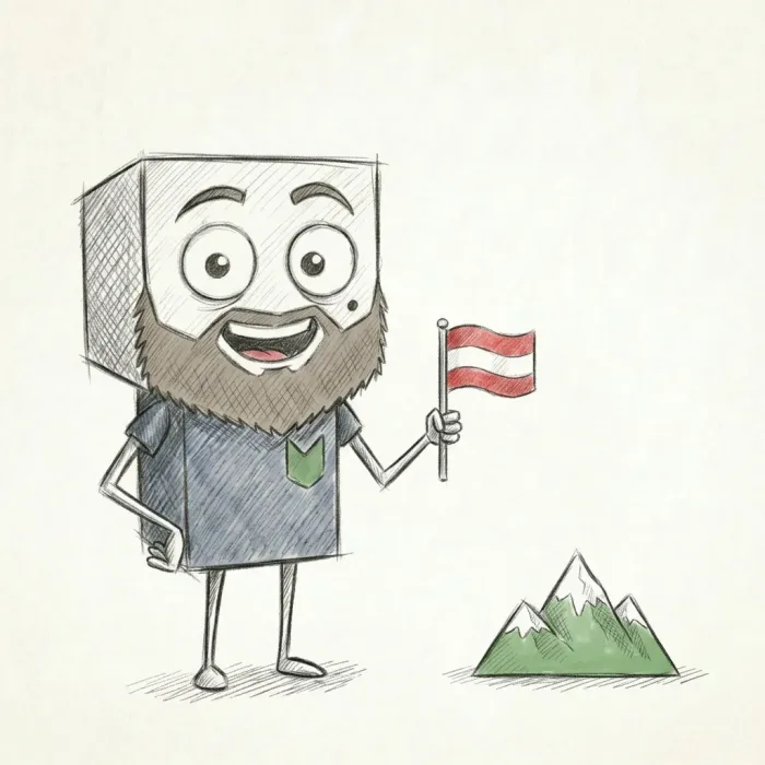 Cartoonfigur mit Bart hält Österreich-Fahne neben einem Berg.