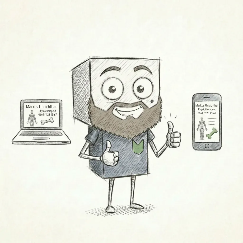 Comicfigur mit Bart, Daumen hoch, daneben Laptop und Smartphone mit Kontaktinformationen.