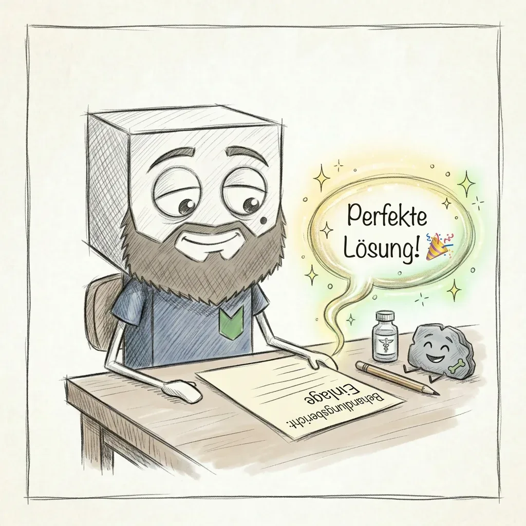 Illustration eines lächelnden Charakters mit perfekter Lösung in Gedankenblase, Schrift „Entwurf“ am