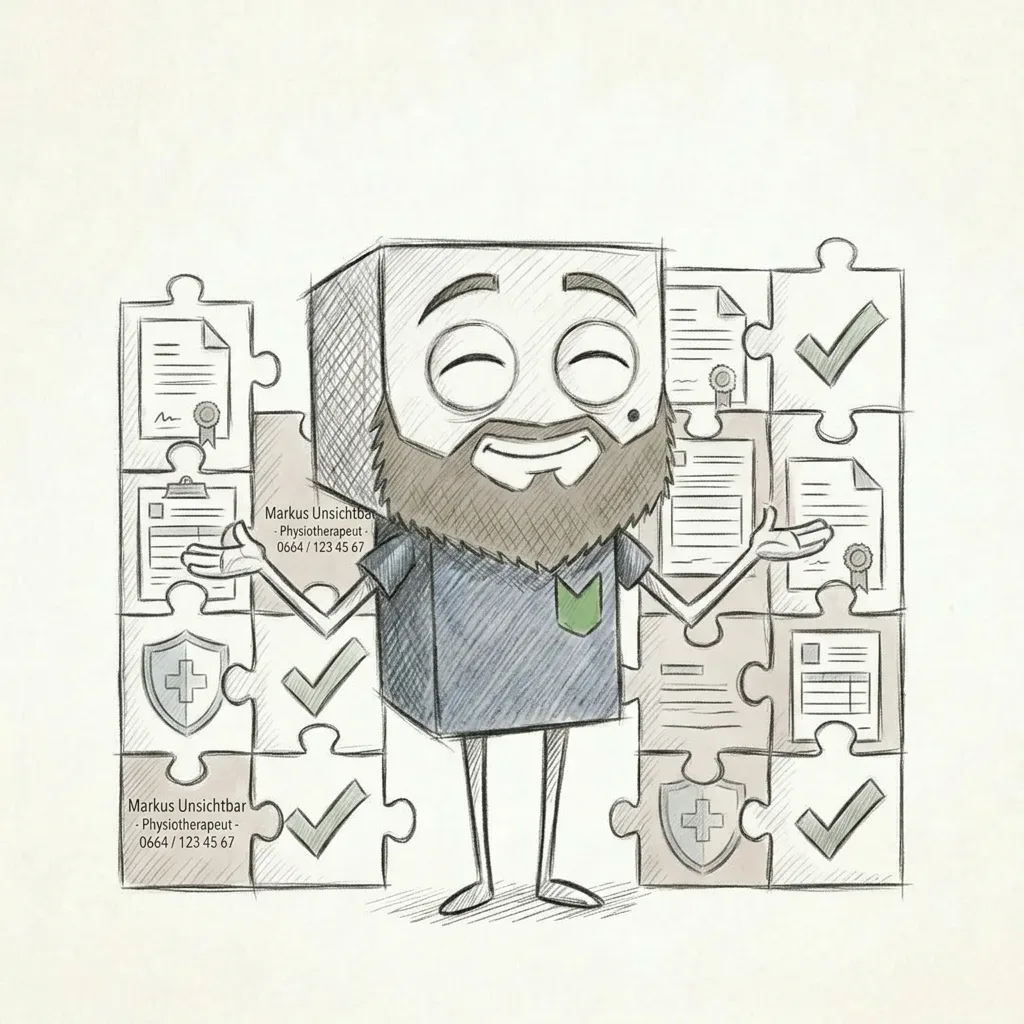 Cartoonfigur mit Puzzle, Checklisten und Schutzsymbolen, für Physiotherapie und Gesundheit.