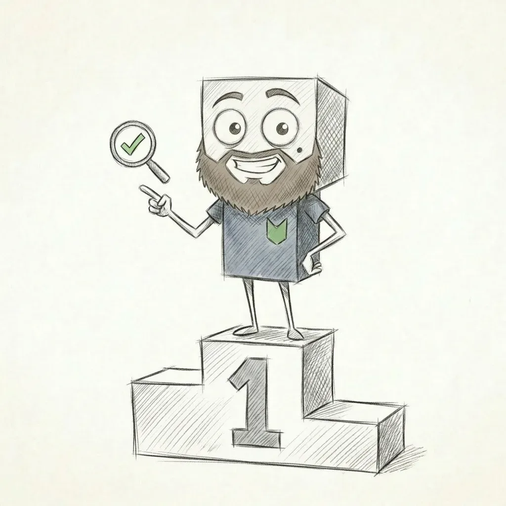 Illustration eines Cartoon-Charakters auf Platz 1 mit Lupe und Haken.