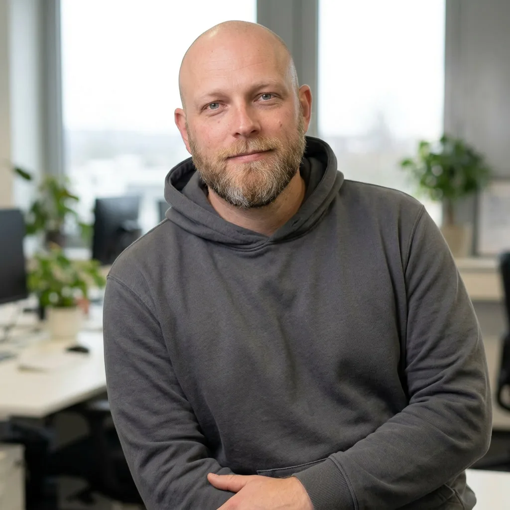 Mann mit Bart im Hoodie sitzt lächelnd in Büro mit Pflanzen.